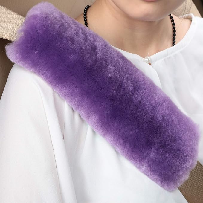 Soft Genuine Sheepskin Wool Auto Seat Belt Cover Seatbelt Shoulder Pad for a More Comfortable Driving, Compatible with All Cars(Purple)