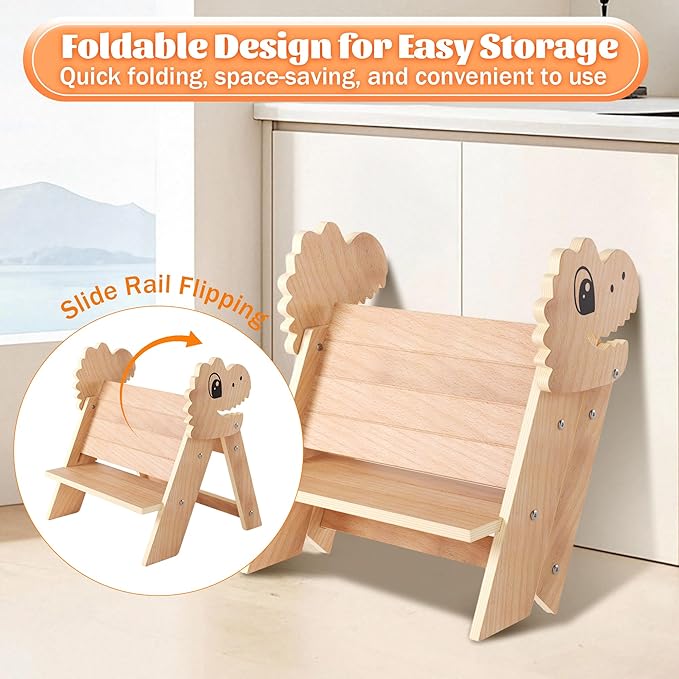 Novarieth Beech Wooden Toddler Step Stool, 2-Step Foldable Stool for Kids with Non-Slip Surface, Baby Bathroom Stool for Potty Training, Bathroom Sink, Kitchen Counter with Cute Dinosaur Design