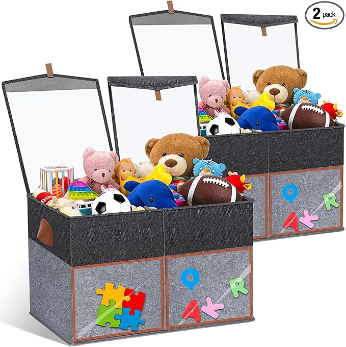 HISULIV 2 Pack Large Toy Storage Box with Clear Lids Collapsible Toys Chest Organizer Bin Basket with Adjustable Dividers for Kids Boys Girls Living Room Nursery Playroom Closet Black and Grey