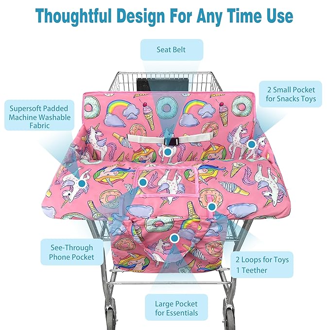 Shopping Cart Cover for Baby,2-in-1 High Chair Cover Soft,Portable, and Machine Washable,Comfortable Cotton Seat Pad with Safety Harness and Portable Cloth Bag,Fits All Supermarkets and Restaurants