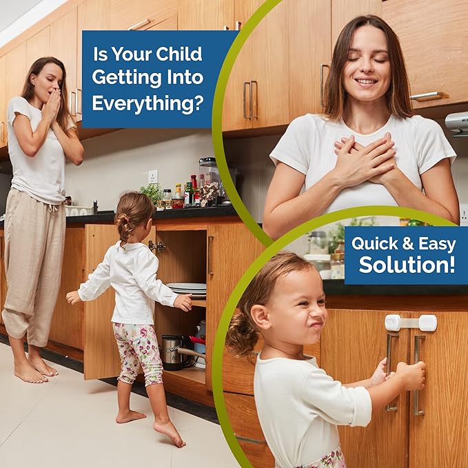 Child Safety Strap Locks (12 Pack) Baby Locks for Cabinets and Drawers, Toilet, Fridge & More. 3M Adhesive Pads. Easy Installation, No Drilling Required, White
