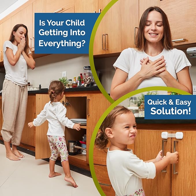 Child Safety Strap Locks (4 Pack) Baby Locks for Cabinets and Drawers, Toilet, Fridge & More. 3M Adhesive Pads. Easy Installation, No Drilling Required, White