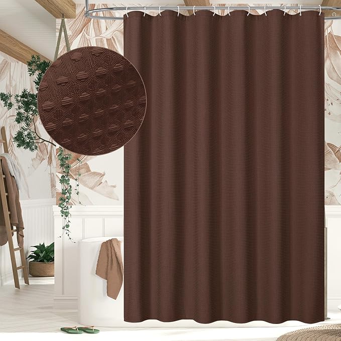 MitoVilla Brown Shower Curtain 72 x 78, Long Waffle Fabric Shower Curtains for Modern Luxury Bathroom Decor, Heavy Duty Hotel Cloth Shower Curtains 78 inch Long