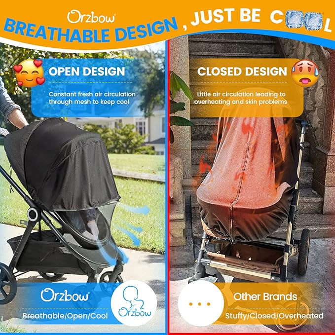 Orzbow Baby Mosquito Net with Sun Shade UPF50+ for Stroller, Universal Stroller Mosquito Netting Privacy Cover with Two-Way Zipper and Storage Bag for Car Seats, Bassinets, Cradles, Mini Cribs, Grey
