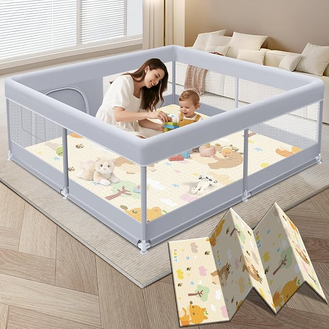 Baby Playpen with Mat, 50 x 50 Inch Play Pen Playards, Playpen for Babies and Toddlers, Baby Playard for Indoor & Outdoor Active Center Game Fence, Skin-Friendly Fabric and Soft Breathable Mesh