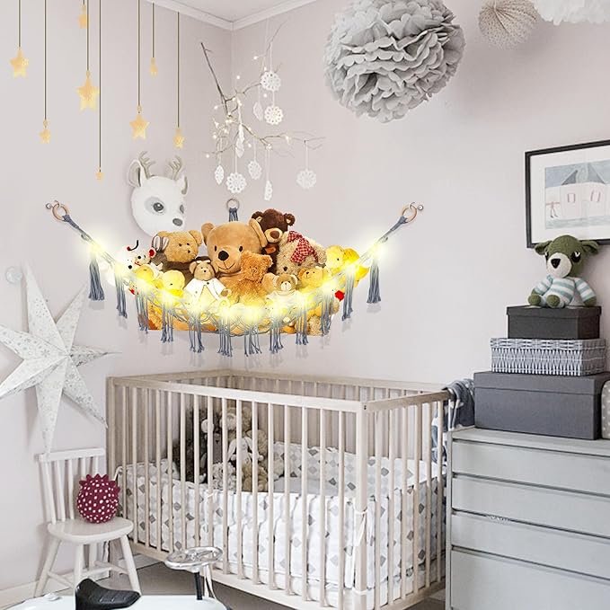 CERETIA Stuffed Animal Hammock with LED Light, Large Stuffed Animals Storage Corner Plushie Net for Kids Room Decor, Grey