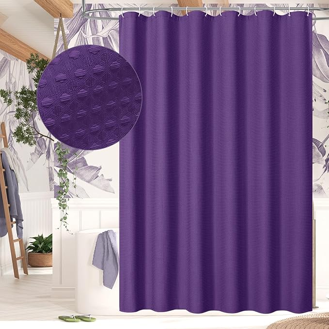 MitoVilla Extra Long Shower Curtain 72 x 84, Purple 84 inch XL Waffle Fabric Shower Curtains for Modern Luxury Bathroom Decor, Waffle Weave Textured Weighted Shower Curtain 84 inch