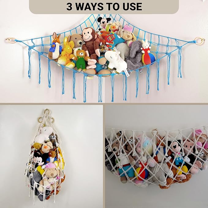 ABBY BABY Large Stuffed Animal Hammock Corner - Stuffed Animal Storage - 100% Natural Cotton Macrame Stuffed Animal Net - Stuff Animal Organizer - Net For Stuffed Animals Corner Large-Blue