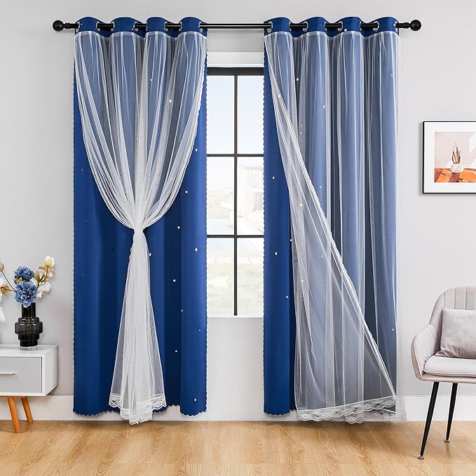 XiDi Black Out Curtains for Bedroom Windows, Curtains for Girls Bedroom Decor, Unicorn Curtains for Kids Room, Blackout Curtains for Living Room 63 inchs Long 34 inches Wide 2 Panel Navy Blue