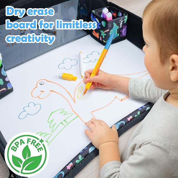 2Pcs Kids Travel Tray for Toddler Carseat, Road Trip Activities Essentials for Toddler, Kids Lap Desk Tray with Tablet Holder Stand ＆ Dry Erase Board (Dinosaur & Mermaid)