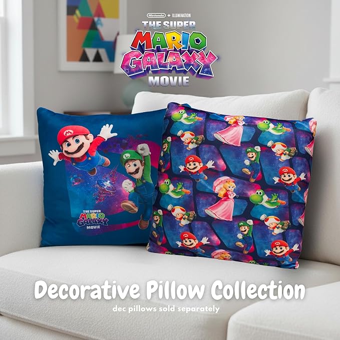 The Super Mario Galaxy Movie Kids Squishy Plush Throw Pillow, Soft Decorative Cushion for Bedroom Décor & Gifts, 13 Inch, Mario, Luigi & Princess Peach (100% Officially Licensed Product) By Franco