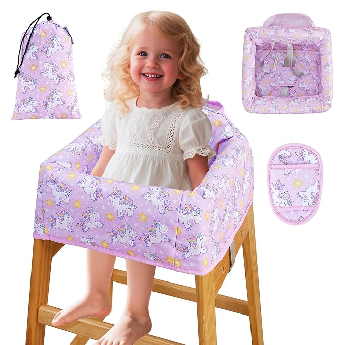 High Chair Cover Portable with 3-Point Harness, Waterproof Baby Seat Cover for Restaurant Travel Home Use, Machine Washable, Fits Wooden Chairs (Purple Unicorn)