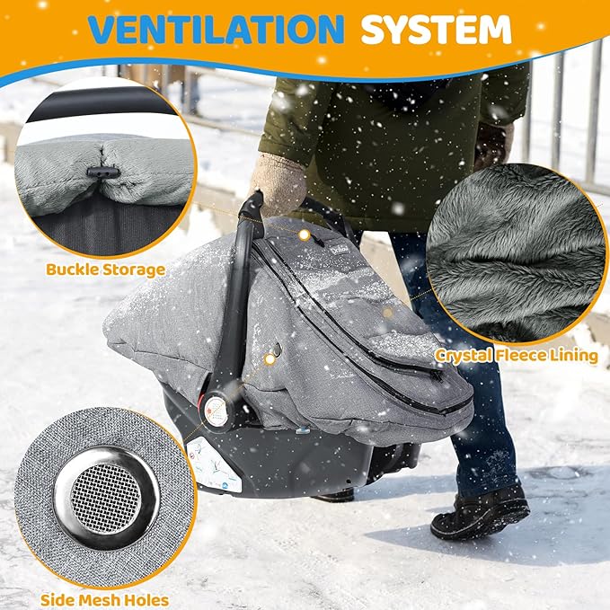 IvyWind Baby Car Seat Cover, Universal Winter Carseat Cover for Babies with Breathable Mesh Window, Cozy and Warm Infant Car Seat Covers for Cold Weather, Kick-Proof Carseat Canopy, Light Gray