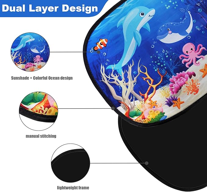 ABSOFINE Car Window Sun Shades for Baby Kids 2 Pack 19"x14", Ocean World Window Shades Sun Blocker Cover, Baby Car Shades for Back Windows with 8 Suction Cups and Storage Bag, Anti Glare & UV