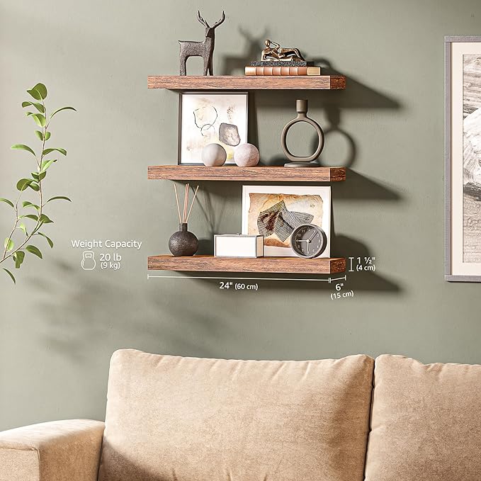 Ballucci Floating Shelves for Wall, 24" Wood Shelf Set of 3, Invisible Brackets Floating Shelf for Wall Decor Living Room, Bathroom, Bedroom, Kitchen, 6" Depth, Rustic Brown