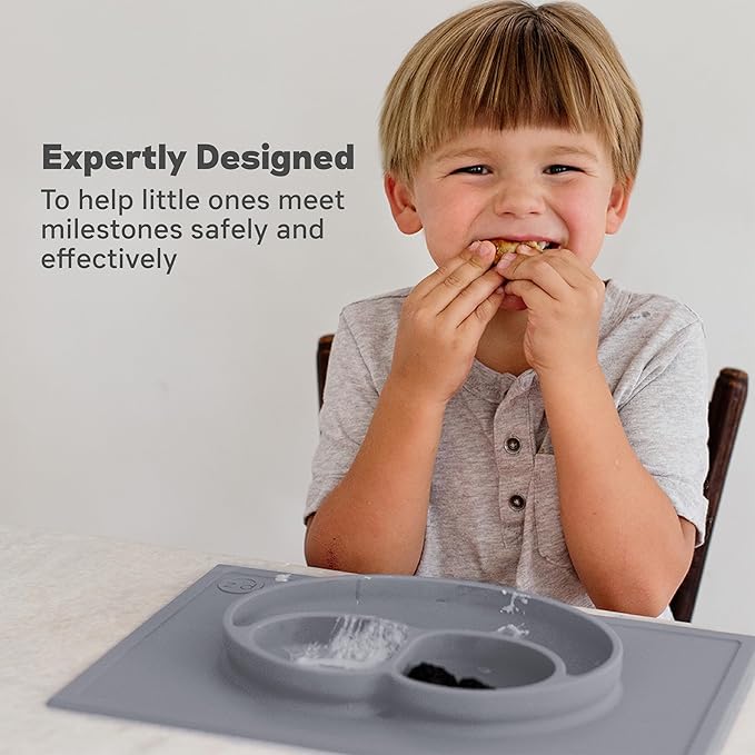 ezpz Happy Mat (Gray) - 24 Months+ - 100% Silicone Suction Placemat + Divided Plate with Three Compartments - Toddler + Preschool Essentials