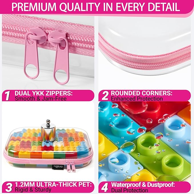 3 Pack Hard Sided Clear Zipper Case for Storage- Thickened-Grade Clear Hard Shell Zipper Case for Organizing Bead, Handicrafts, Sewing, Toiletries, Makeup (Pink)