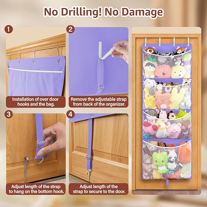 Woodoulogy Hanging Stuffed Animal Storage, Over Door Large Plush Toy Organizer with Metal Hook, Baby Accessory Holder Idea for Nursery, Doll & Bear Mesh Hammock Bag for Girl Boy Kid Room