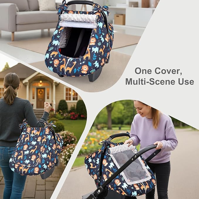 FIOBEE Baby Car Seat Cover, Car Seat Covers for Babies Infant Car Seat Canopy with Breathable Mesh Window Waterproof Carseat Cover for Babies Boy Girl 4 Seasons, Dark Blue Giraffe