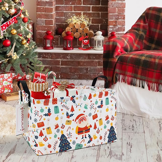 QUEENLALA Rectangular Laundry Hamper/Foldable Nursery Laundry Basket for Organizing/Storage Bin Baskets/Children Toy Office Bedroom/Toy Bin Closet Shelf Baskets（Rec-Father Christmas）