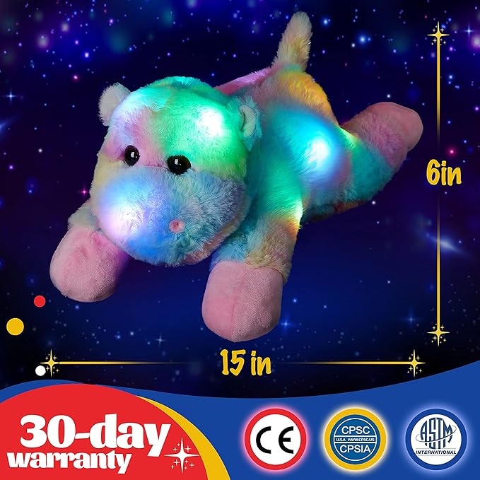 Glow Guards 15'' Light up Rainbow Hippo Stuffed Animal LED Wildlife Soft Plush Toy with Night Lights Birthday Children's Day for Toddler Kids