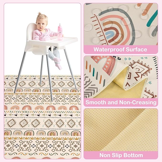 Basumee Splat Mat High Chair Mat Waterproof Baby Play Splat Mat for Under High Chair Food Catcher Highchair Mat for Floor Non Slip Bottom, Brown Geometry, 46x42 Inches