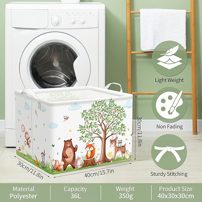 TREWAVE Baby Storage Basket Woodland Animals Gift Basket with Handles Rectangular Collapsible Clothes Towel Toys Bin Bookshelf Organizer for Baby Shower Room Nursery Decor