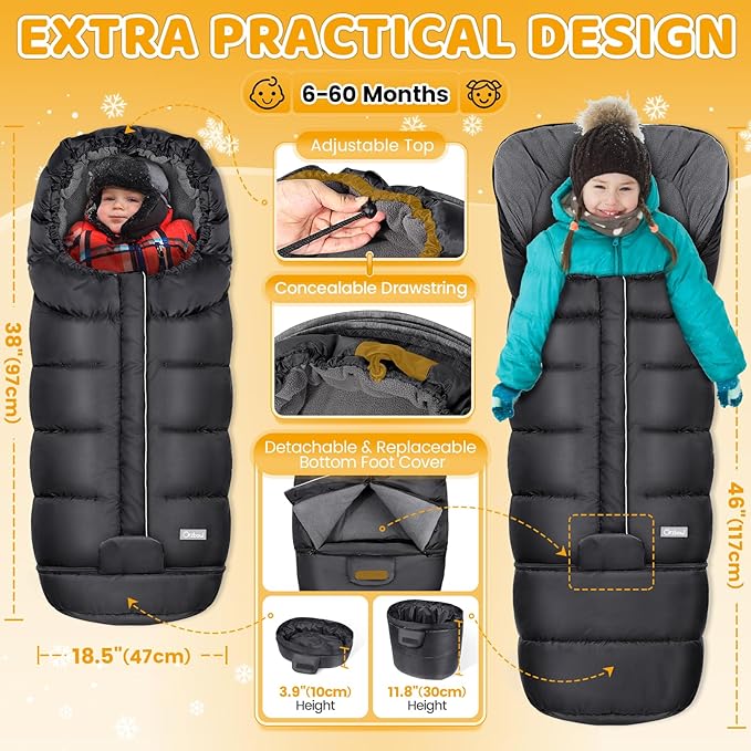 Orzbow Universal Stroller Bunting Bag with Extra Footmuff for Toddler, Kids, Warm Waterproof Winter Stroller Blanket Cover, Baby Bunting Bag - Protect Babies from Cold Winds, Black