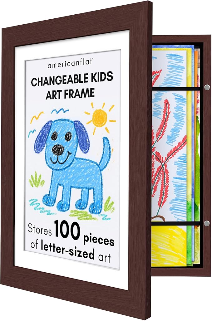 Americanflat Kids Artwork Frame Changeable (Mahogany) - Magnetic Door Holds 100 Art Pieces - 8.5x11 Letter Size Display with Mat or 10x12.5 Without Mat - My Mini Masterpiece