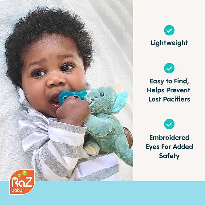 RaZbaby Duck RaZbuddy Stuffed Animal Pacifier Holder for Newborns & Up, Made in The USA, Detachable Orthodontic JollyPop Pacifier, Medical-Grade 100% BPA-Free Silicone, Baby Shower -0 Months+