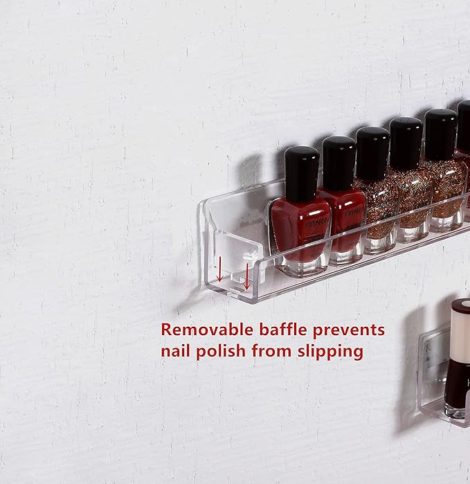 LikeU Nail Polish Rack Wall Mounted Shelf 2 Pack,Clear Acrylic Nail Polish Holder Organizer with Removable Anti-Slip End Inserts,2 Tiers Floating Polish Organizer Display 30 Bottles