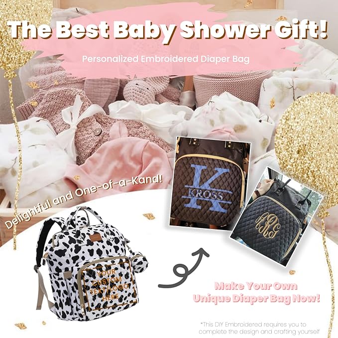 ROSEGIN Diaper Bag Backpack with Changing Pad, Pacifier Case, Baby Bag for Boy Girl Toddler - Large, Stylish, Waterproof Travel Quilted Diaper Bag for Mom - Baby Shower Registry - Cow