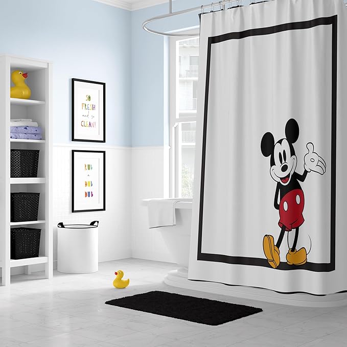 Jay Franco Disney Mickey Mouse Fabric Shower Curtain - Kids Classic Black and White Bathroom Décor
