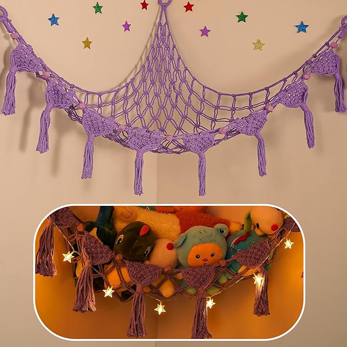 Stuffed Animal Hammock Corner - 56'' Jumbo Handcrafted 5mm Double Macrame Cord Stuffed Animal Net - 100% Natural Cotton Toy Hammock Plushies Storage - Purple Stuffy Plushie Net w/LED Star Light
