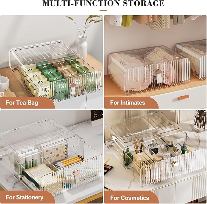 Sock Underwear Drawer Organizer - 24 Compartment Clear Acrylic Storage Bins with Removable Dividers for Closet, Stackable Dresser Drawer Box for No-Mess Socks, Tiers, Baby Clothes, Belt, Tea Bag