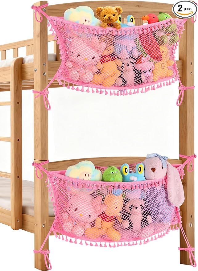 Stuffed Animal Storage Net, Large Bedside Toy Organizer Net, Cotton Plushie Toy Storage Hammock with Tether for Stuffed Animals Room Organization (Pink, 2 Pack)