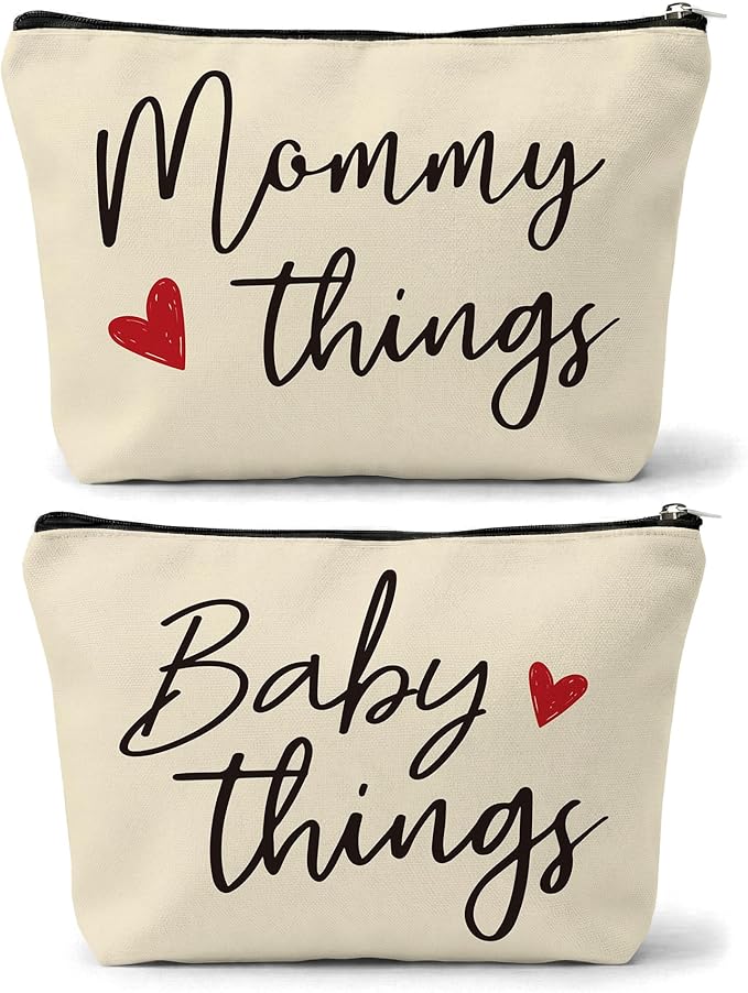 Mommy and Baby Matching Pouch Set, Mommy Things and Baby Things Bags, Gifts for New Moms Expecting Moms, Matching Travel Cases, Beige Set of 2