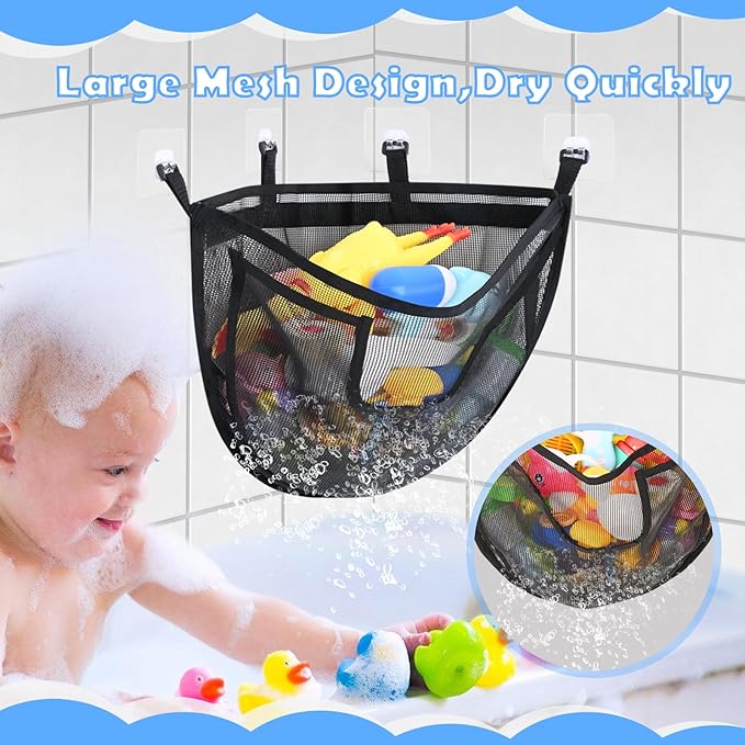 Bath Toy Storage, Corner Bath Tub Toy Storage Holder with Bottom Zipper, Quick Release Bath Toy Organizer with Large Pocket, Mesh Shower Toy Holder Basket Net Bin for Bathtub Toys - Black