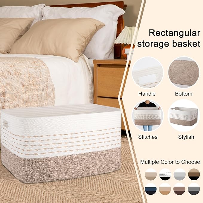 OIAHOM 75L Extra Large Blanket Basket, 22”x17”x15” Rectangle Woven Cotton Rope Baskets for for Living Room, Toy Storage with Handle- Gradient Light Brown