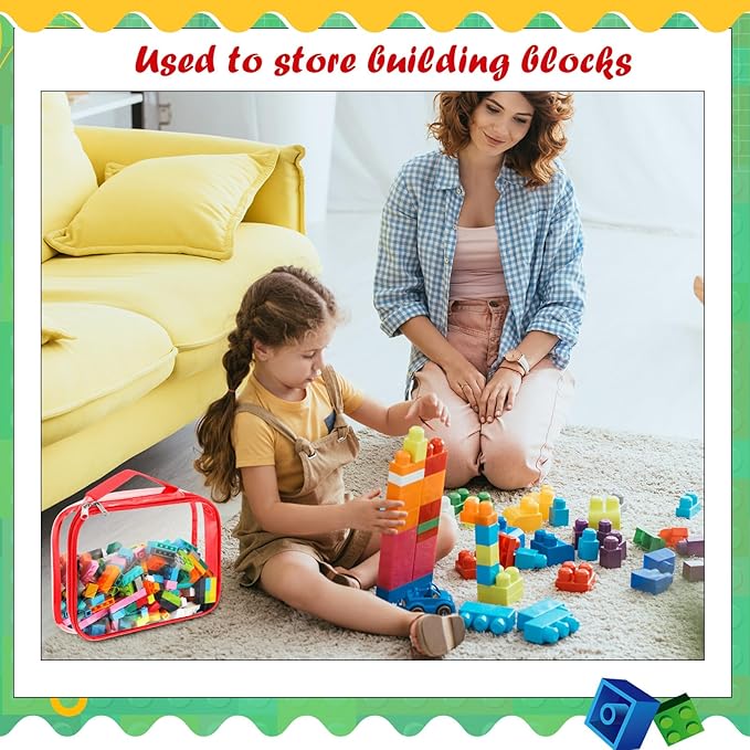 Sanwuta 3 Packs Toy Storage Bags with Zipper, Clear PVC Organizing Waterproof Toy Bags for Board Games, Building Blocks, and Kids Books(12.6 x 9 x 2.36 Inch,Red, Yellow, Green)