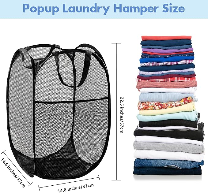 DUCOO Pop Up Laundry Hamper, 70L Collapsible Mesh Laundry Basket with Side Pocket, Foldable Dirty Clothes Hamper with Sturdy Reinforced Handles for Home Dorm Bedroom Travel Storage, Black, 2Pack