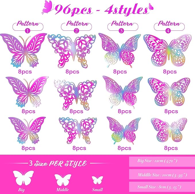 3D Butterfly Wall Decor 3 Sizes 4 Styles Butterfly Party Decorations Cake Decorations Removable Stickers Wall Decor Room Mural Metallic (Laser Pink Purple, 96Pcs)