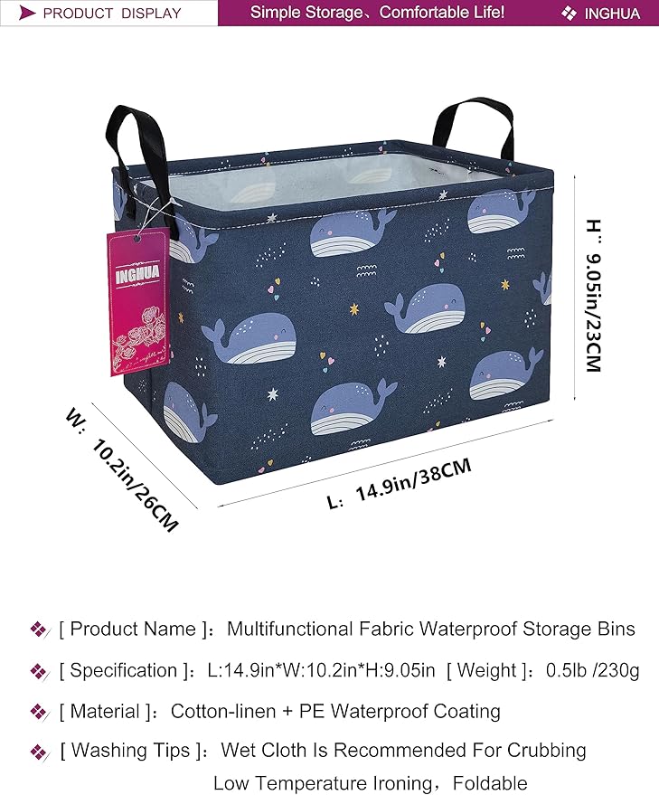INGHUA Rectangular Storage Basket Fabric Organizer Bin for Toys,Books,Clothes,Gifts,Pets-Perfect for Home,Office,Nursery,Dorm,Shelf(Rec-Blue Whale )