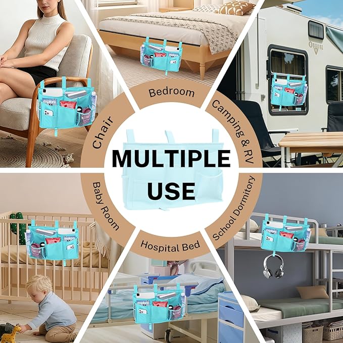 Bedside Caddy - Durable Oxford Fabric Bedside Storage and Bed Organizer，Hanging Bed Organizer for Bedroom，Bunk Bed，Dorm and Hospital(Lake Blue)