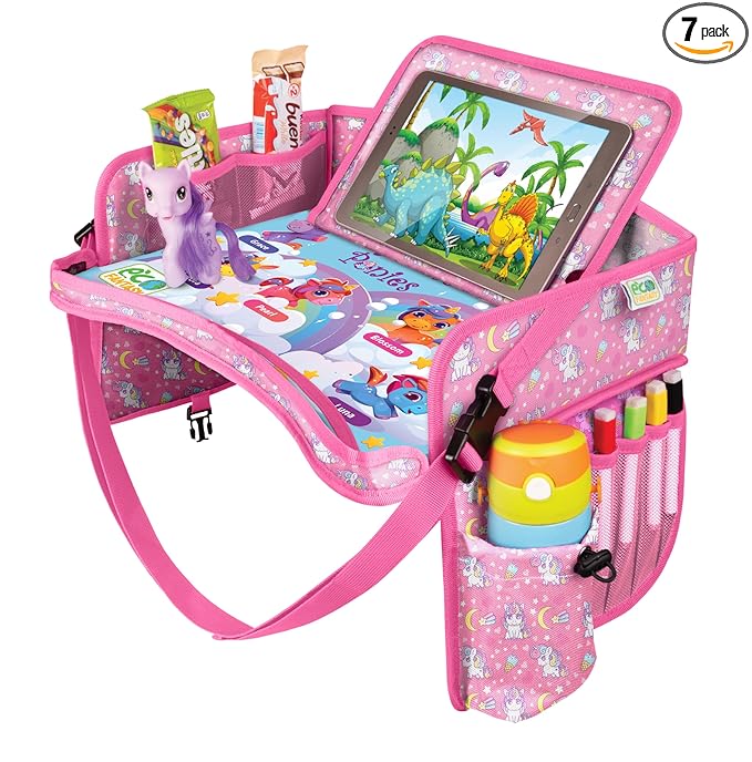 Kids Travel Tray - Waterproof Lap Table with No-Drop Large Tablet Holder - Car Seat Tray - Road Trip Essentials Kids - Car Desk Organizer for Airplane - Toddler Travel Essentials (UNICORN)