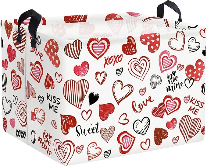 Clastyle Rectangular Line Love Baby Storage Basket Fabric Organizer Bin for Toys Books ClothesGifts Pets, Perfect for Home Office Nursery Dorm Shelf Kid Boy Girl Room(Red Pink Hearts)
