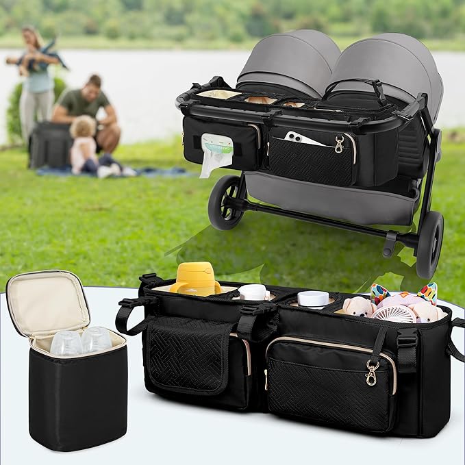 Double Stroller Organizer Compabitle with BOB Duallie and Baby Jogger City Mini GT2 Double Stroller, Double Parent Stroller Caddy Organizer with Cup Holder and Cooler Bag, Black(Empty Bag)