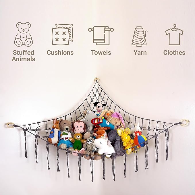 ABBY BABY Large Stuffed Animal Hammock Corner - Stuffed Animal Storage - 100% Natural Cotton Macrame Stuffed Animal Net - Stuff Animal Organizer - Net for Stuffed Animals Corner Large-Gray
