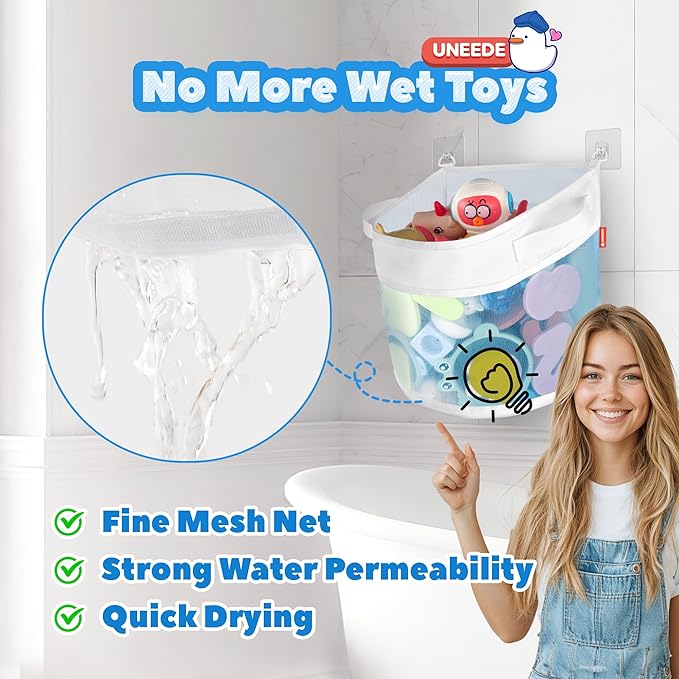 UNEEDE Bath Toy Organizer,1.55 Gallons Bathtub Toy Storage Organizer,Quick Access Bath Toy Holder For Bathtub,Baby Organizer And Storage,Quick Dry Baby Bath Toy Storage For Tub,Mesh Shower Caddy(Blue)