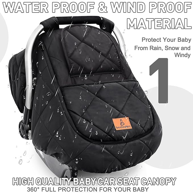Winter Baby Car Seat Cover, Beatoutou Waterproof Winter Infant Carseat Canopy for Boys Girls, Cold Weather Warm Car Seat Covers for Babies, Keeps Babies Warm and Cozy (Black)